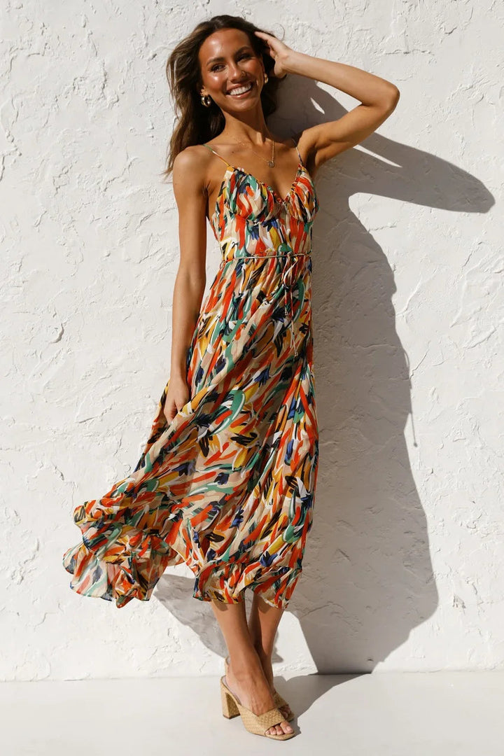 Women's Printed Midi Dress with Tie Waist and Wrap Front