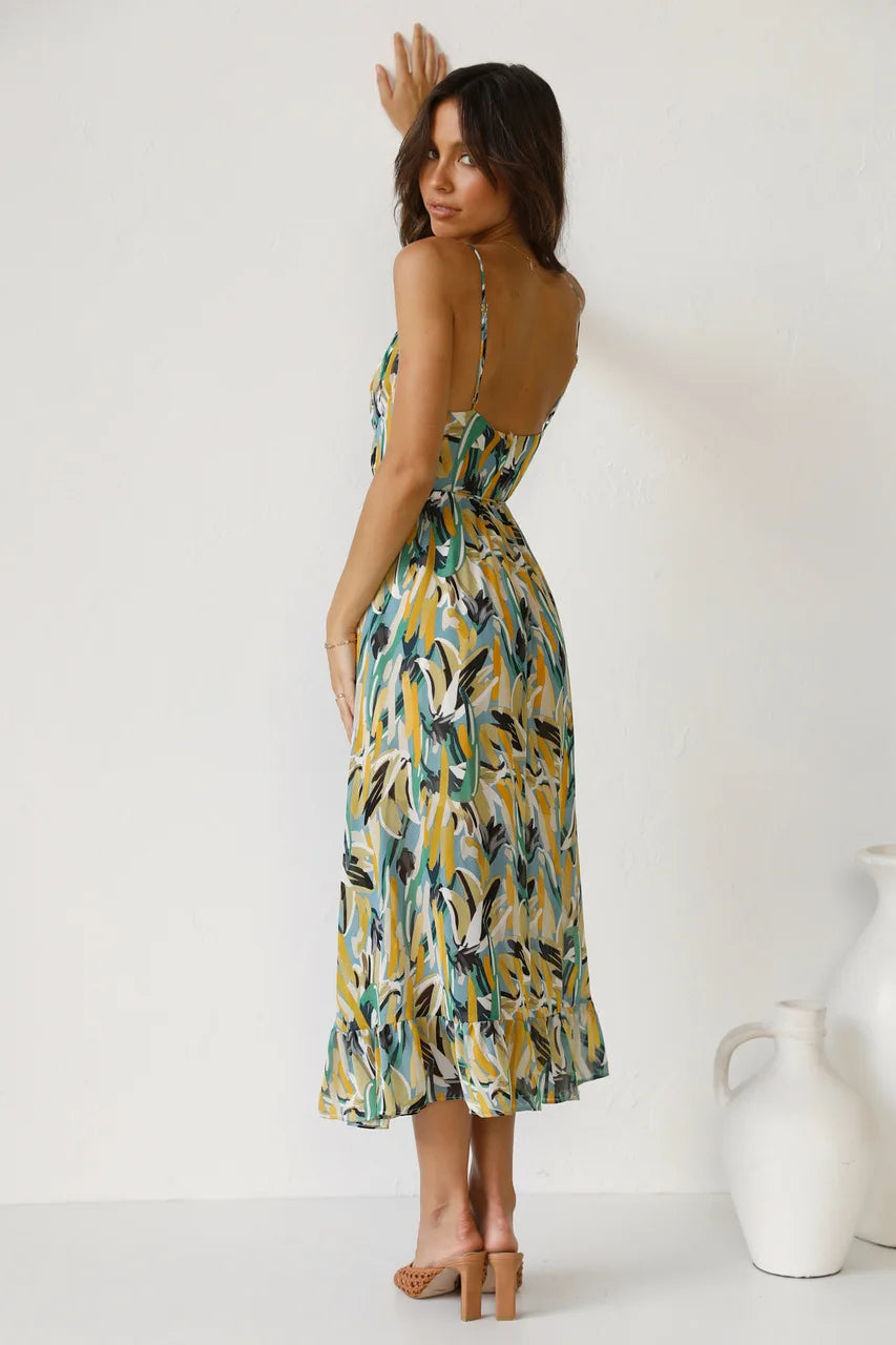 Women's Printed Midi Dress with Tie Waist and Wrap Front