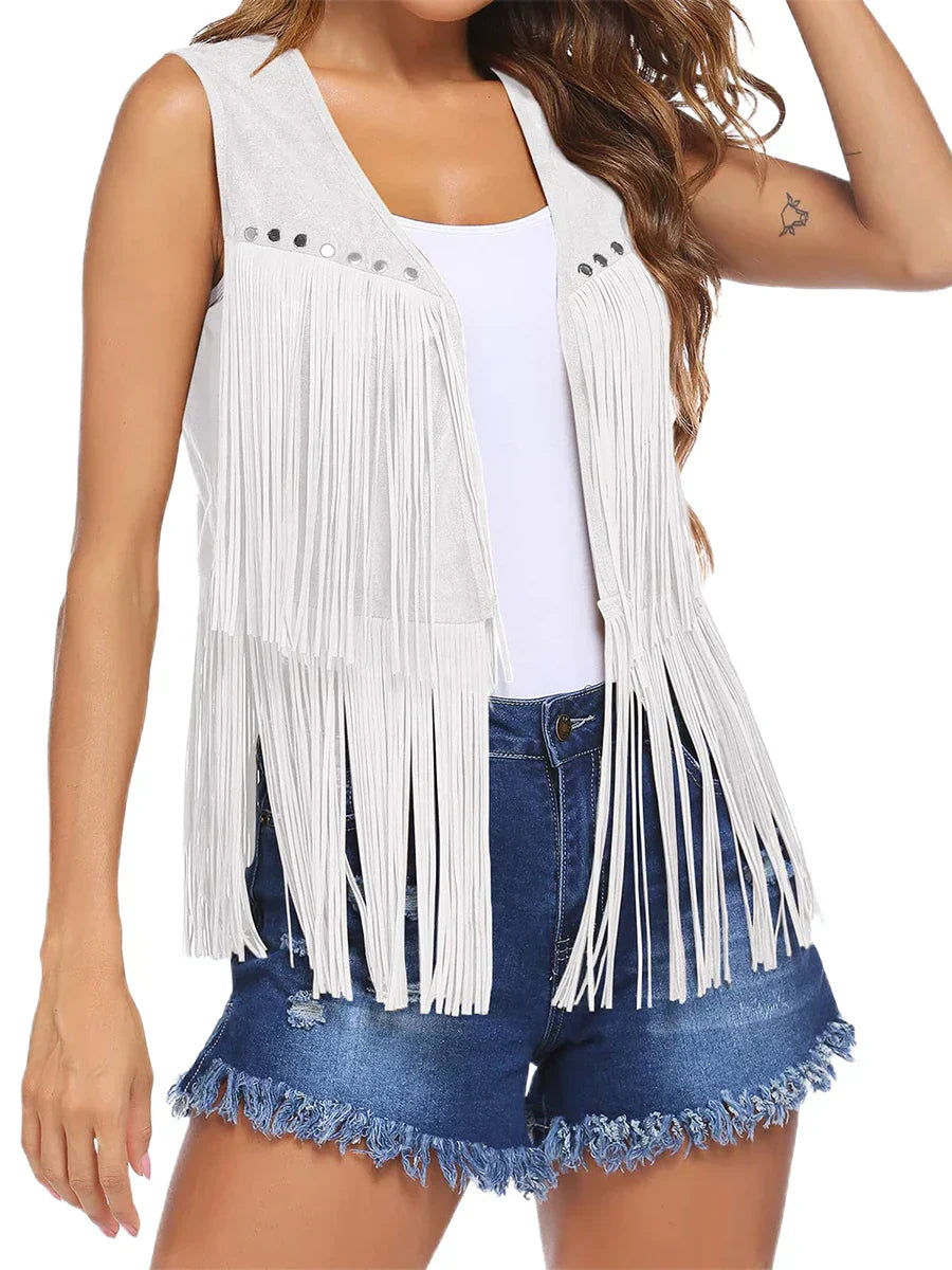 Women's Sleeveless Vest with Vertical Fringe and Open Front