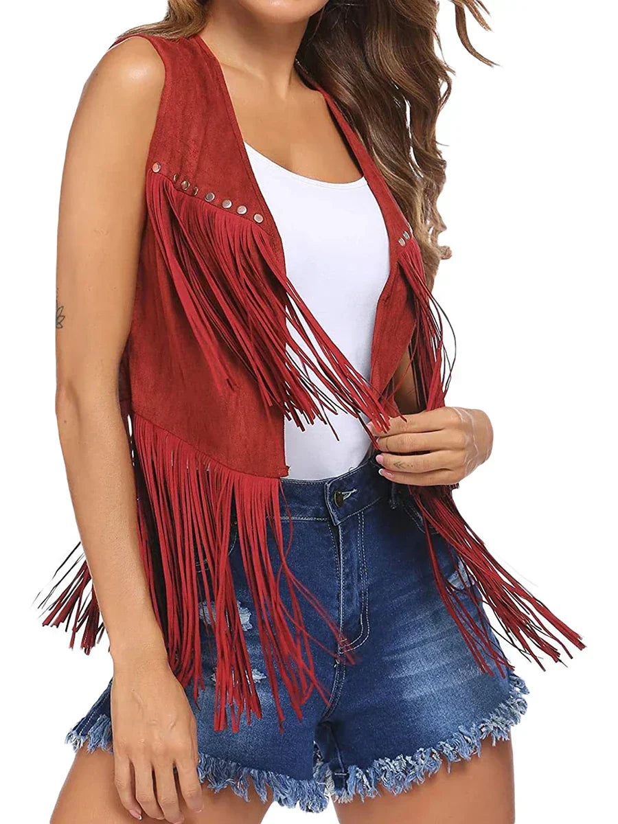 Women's Sleeveless Vest with Vertical Fringe and Open Front