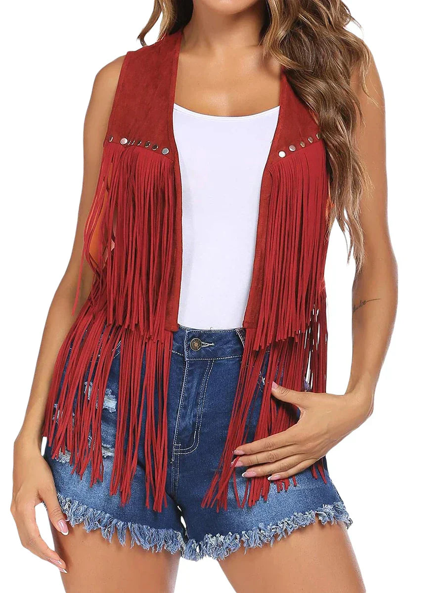 Women's Sleeveless Vest with Vertical Fringe and Open Front