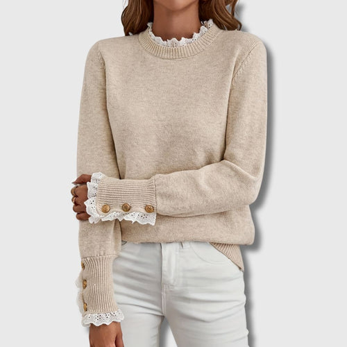 Women's Crew Neck Sweater Decorative Cuff Detail