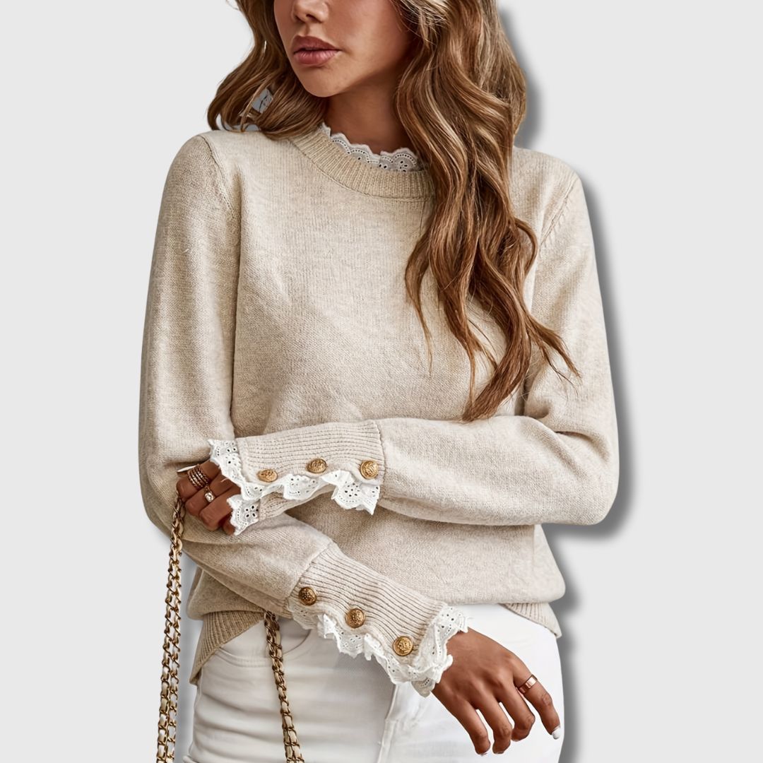 Women's Crew Neck Sweater Decorative Cuff Detail