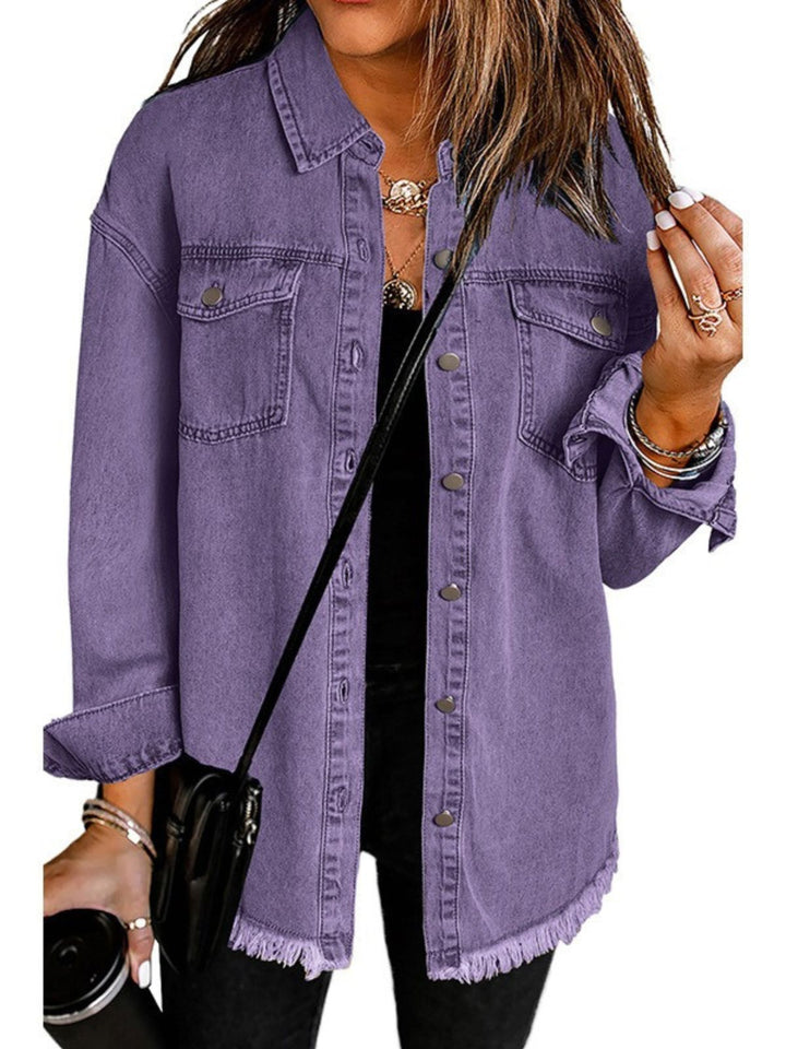 Women's Collared Button Front Jacket with Frayed Hem