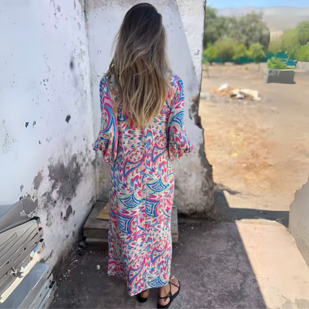 Women's Printed Maxi Dress with Long Sleeves and Pockets