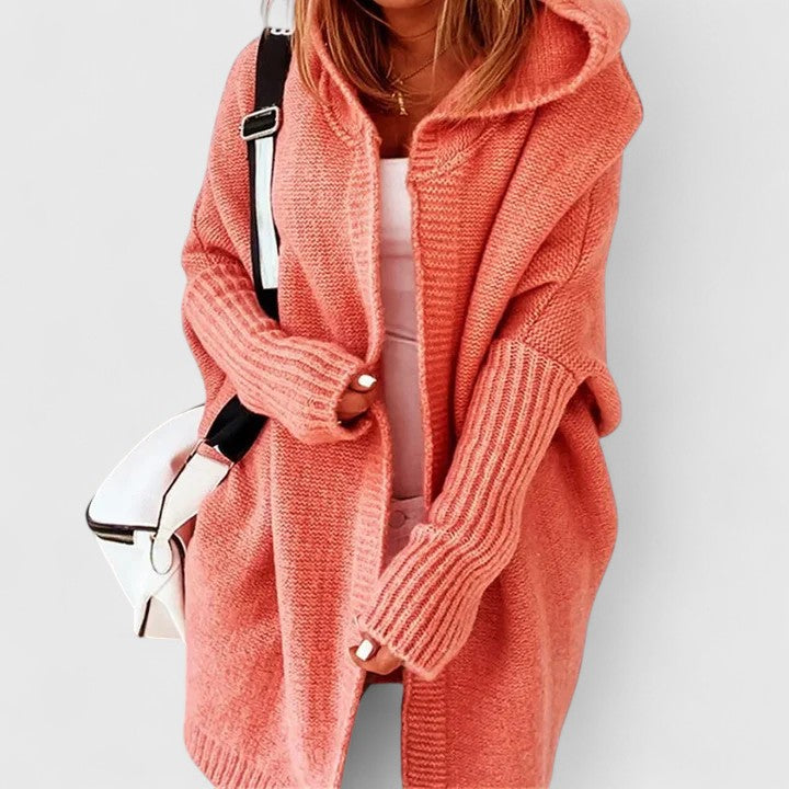 Women's Open-Front Hooded Cardigan with Ribbed Cuffs