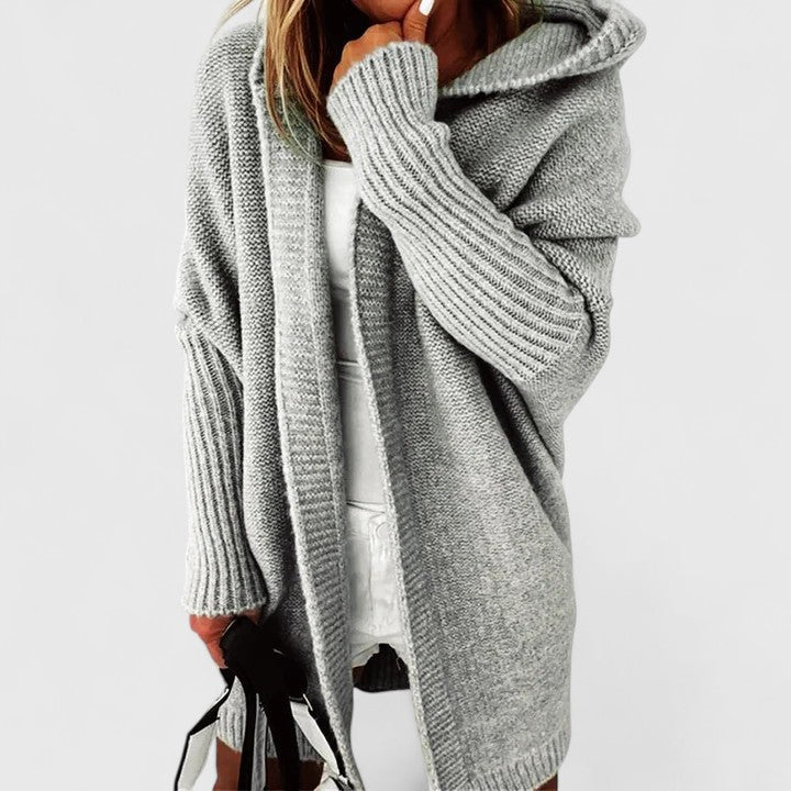 Women's Open-Front Hooded Cardigan with Ribbed Cuffs