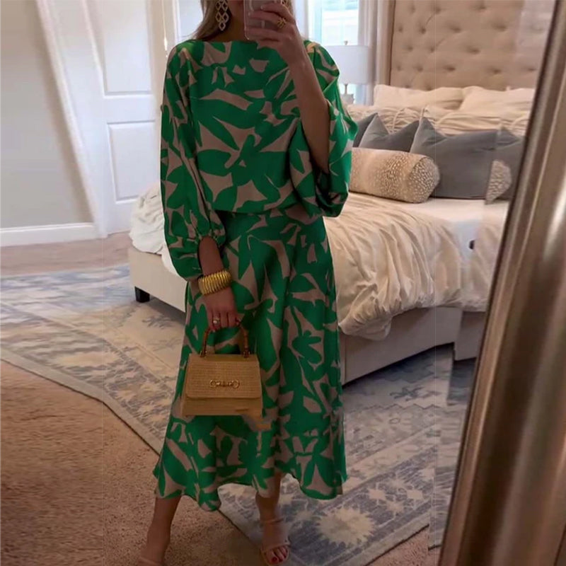 Women's Printed Long Sleeve Top and Midi Skirt Set