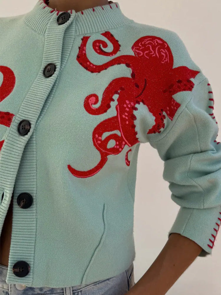 Women's Sage Cardigan with Button-Front and Octopus Design
