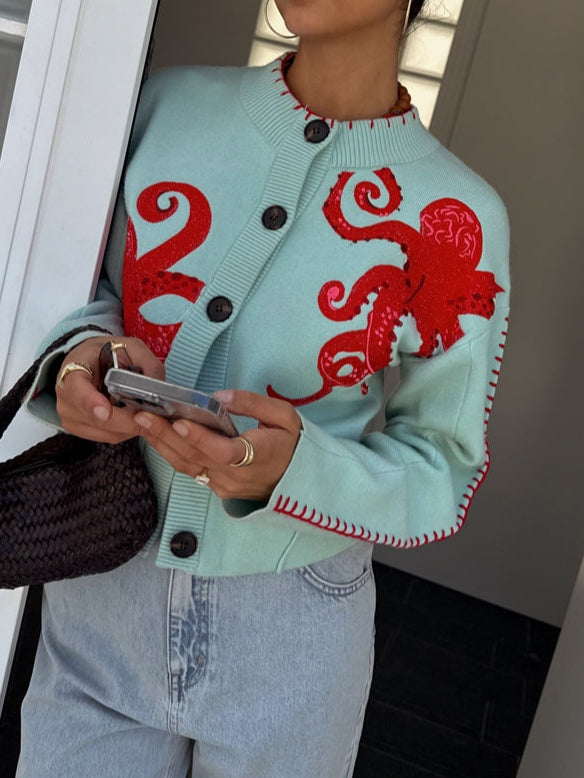 Women's Sage Cardigan with Button-Front and Octopus Design