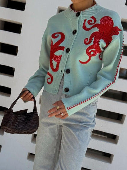 Women's Sage Cardigan with Button-Front and Octopus Design