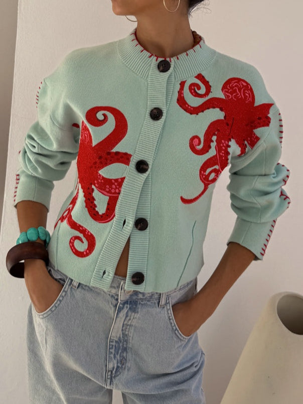 Women's Sage Cardigan with Button-Front and Octopus Design