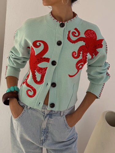 Women's Sage Cardigan with Button-Front and Octopus Design