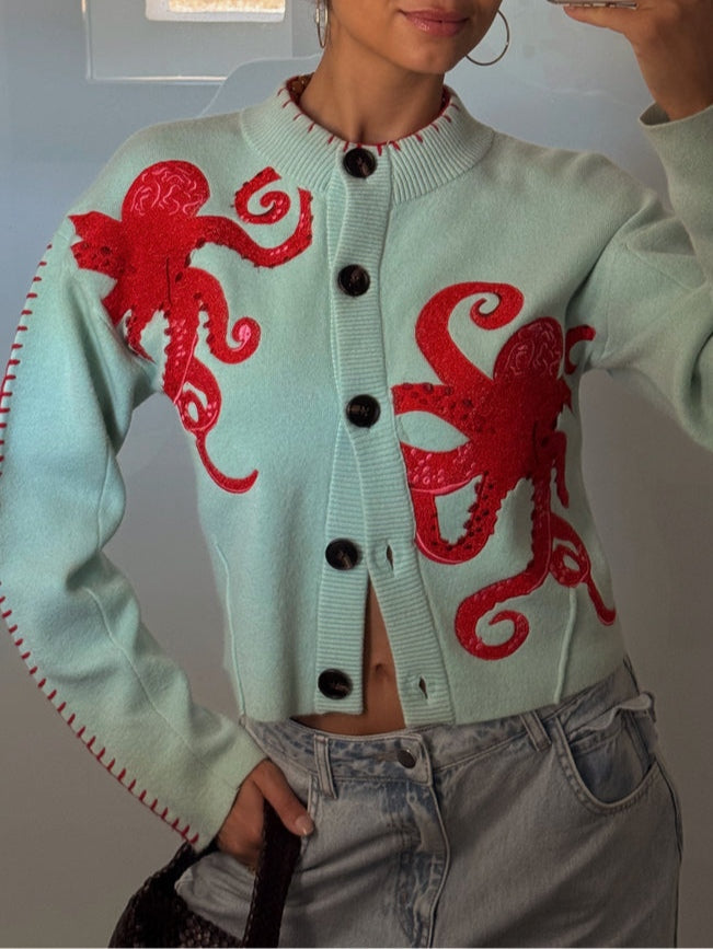 Women's Sage Cardigan with Button-Front and Octopus Design