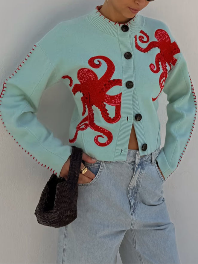 Women's Sage Cardigan with Button-Front and Octopus Design
