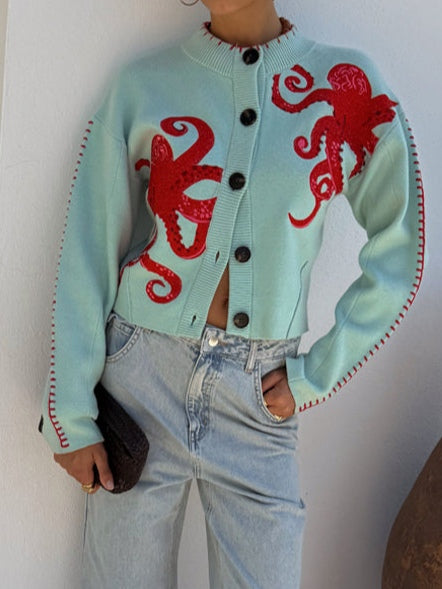 Women's Sage Cardigan with Button-Front and Octopus Design