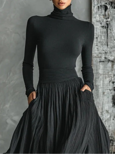 Women's Black High Neck Top with Maxi Skirt