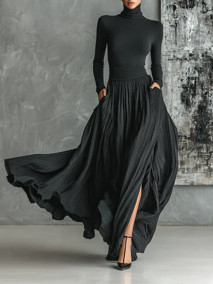 Women's Black High Neck Top with Maxi Skirt