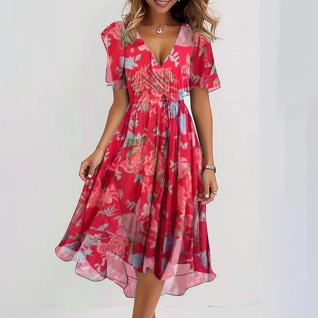 Women's Floral Wrap Midi Dress with Tie Waist