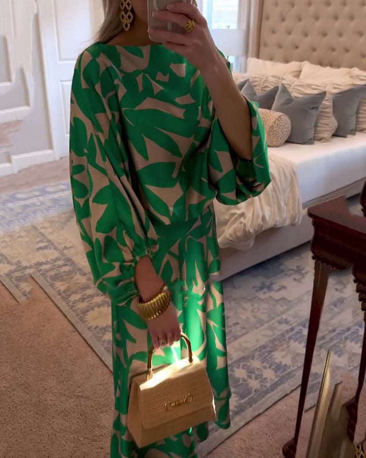 Women's Printed Long Sleeve Top and Midi Skirt Set