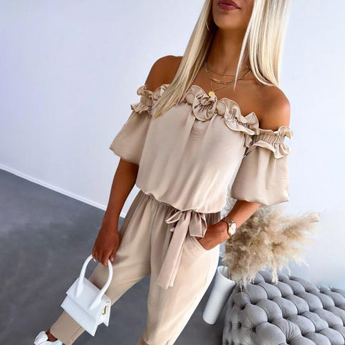 Women’s Off Shoulder Jumpsuit with Frill Neckline Tie Waist