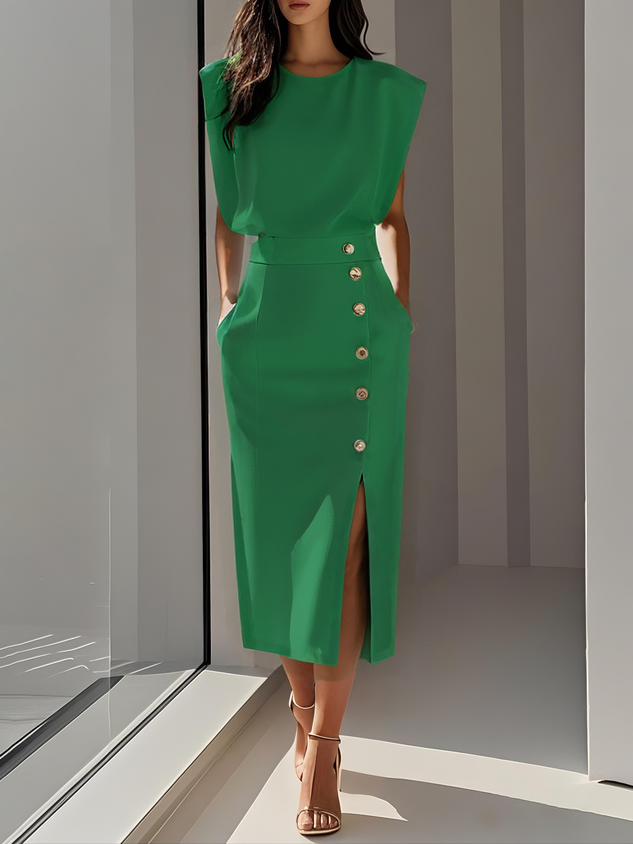 Women's Structured Midi Dress with Side Button Detail and Front Slit