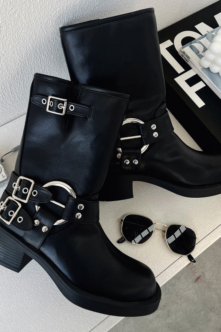 Women's Black Ankle Boots with Buckle Strap Detail