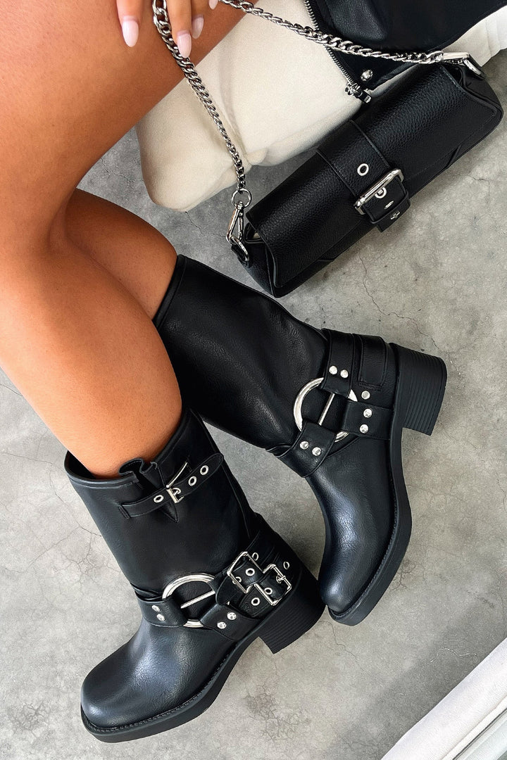 Women's Black Ankle Boots with Buckle Strap Detail