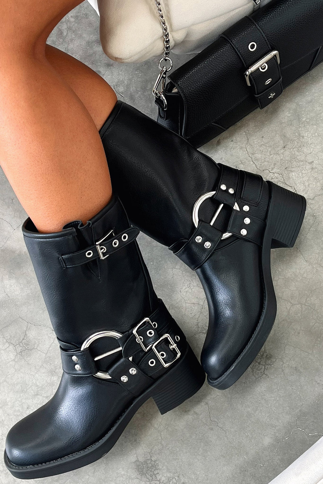 Women's Black Ankle Boots with Buckle Strap Detail