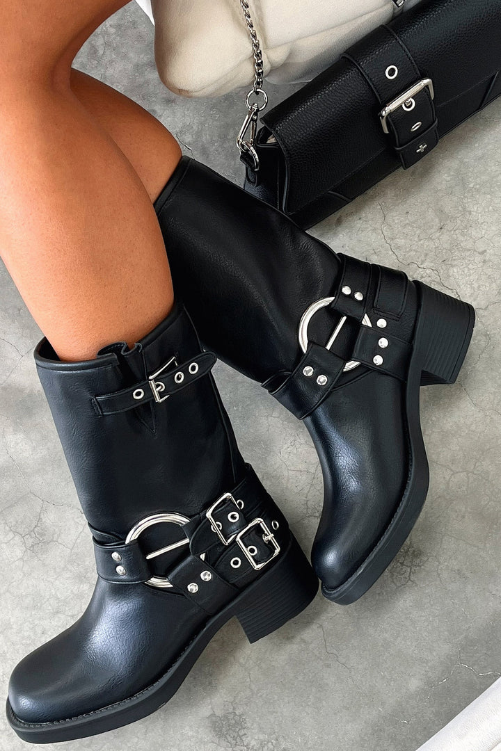 Women's Black Ankle Boots with Buckle Strap Detail