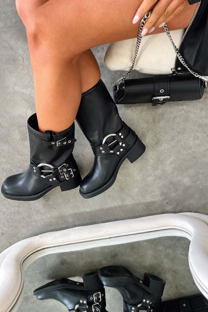 Women's Black Ankle Boots with Buckle Strap Detail