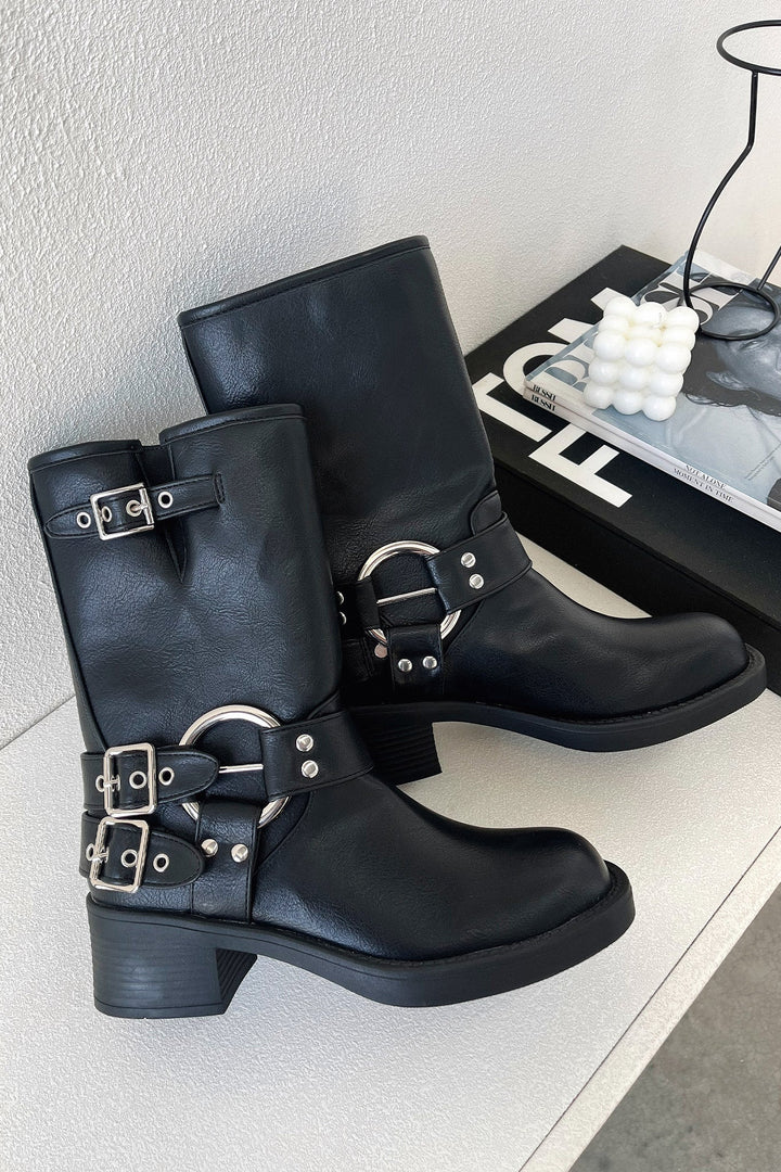 Women's Black Ankle Boots with Buckle Strap Detail