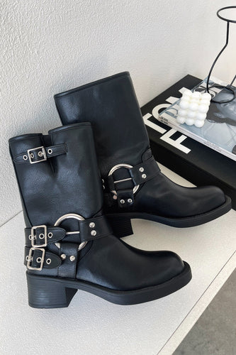 Women's Black Ankle Boots with Buckle Strap Detail