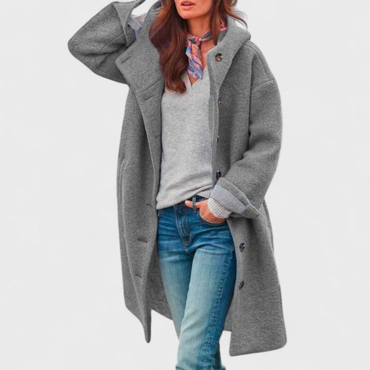 Women's Double Breasted Longline Coat with Button Front and Hood