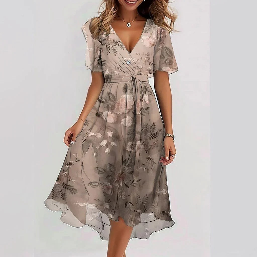 Women's Floral Wrap Midi Dress with Tie Waist