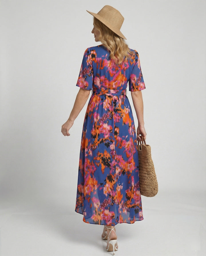 Women's maxi dress with belt asymmetric