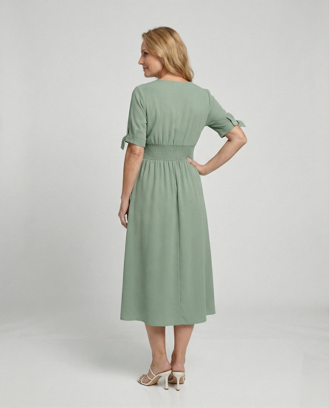 Women's midi dress with V-neck and button placket