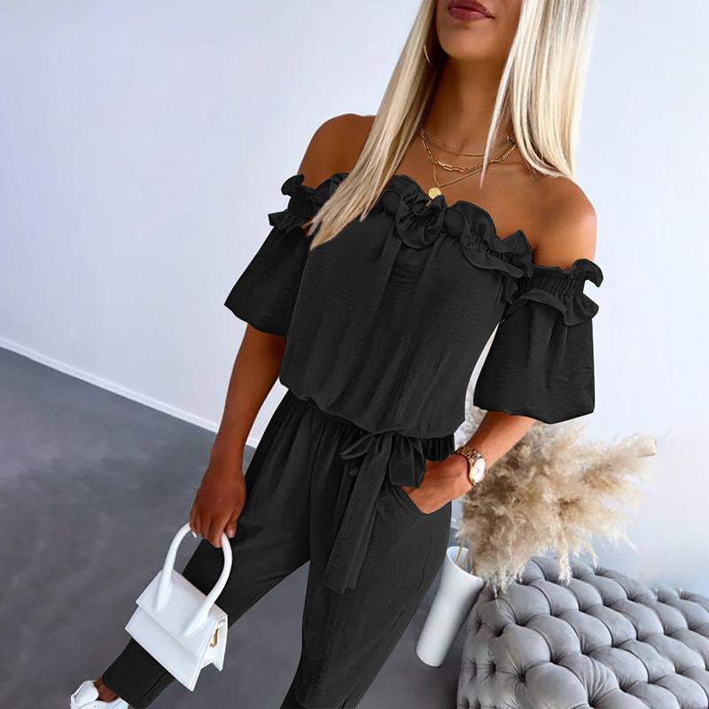 Women’s Off Shoulder Jumpsuit with Frill Neckline Tie Waist