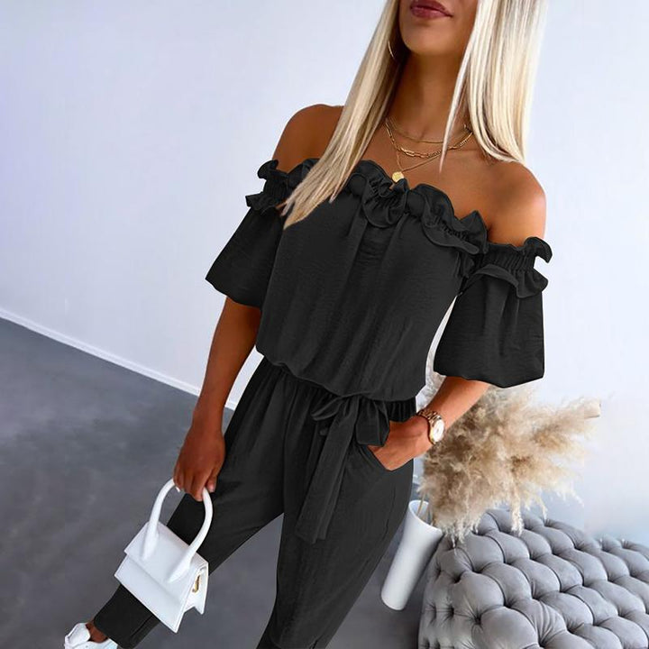 Women’s Off Shoulder Jumpsuit with Frill Neckline Tie Waist