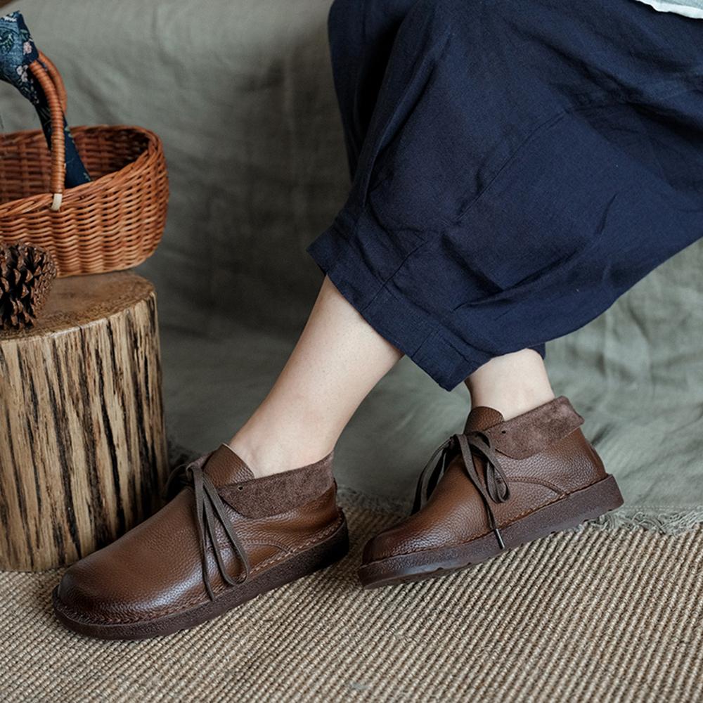 Women's Brown Lace-Up Ankle Boots with Rounded Toe