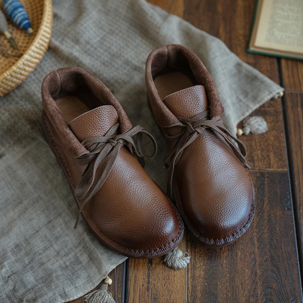 Women's Brown Lace-Up Ankle Boots with Rounded Toe