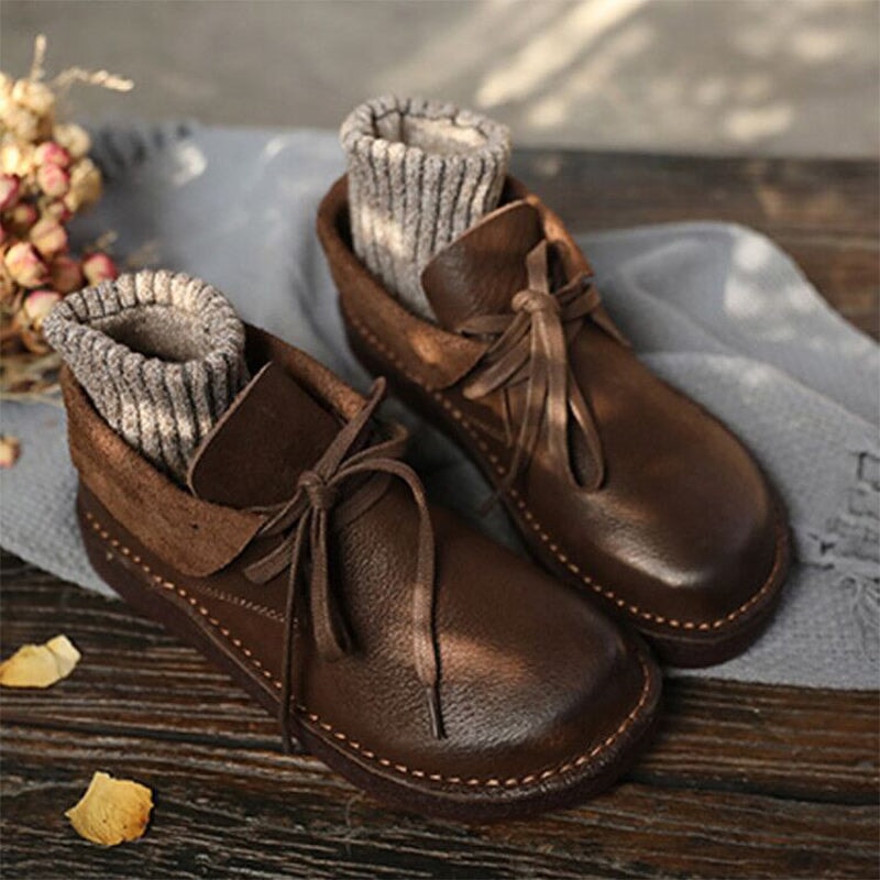 Women's Brown Lace-Up Ankle Boots with Rounded Toe