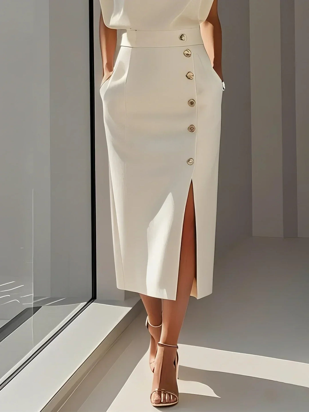 Women's Structured Midi Dress with Side Button Detail and Front Slit