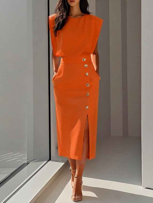 Women's Structured Midi Dress with Side Button Detail and Front Slit
