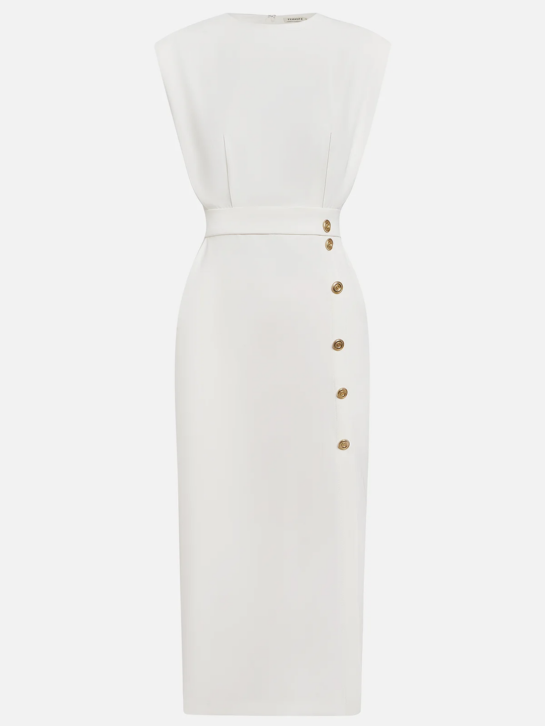 Women's Structured Midi Dress with Side Button Detail and Front Slit