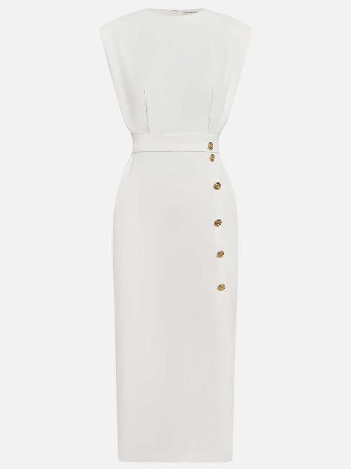 Women's Structured Midi Dress with Side Button Detail and Front Slit