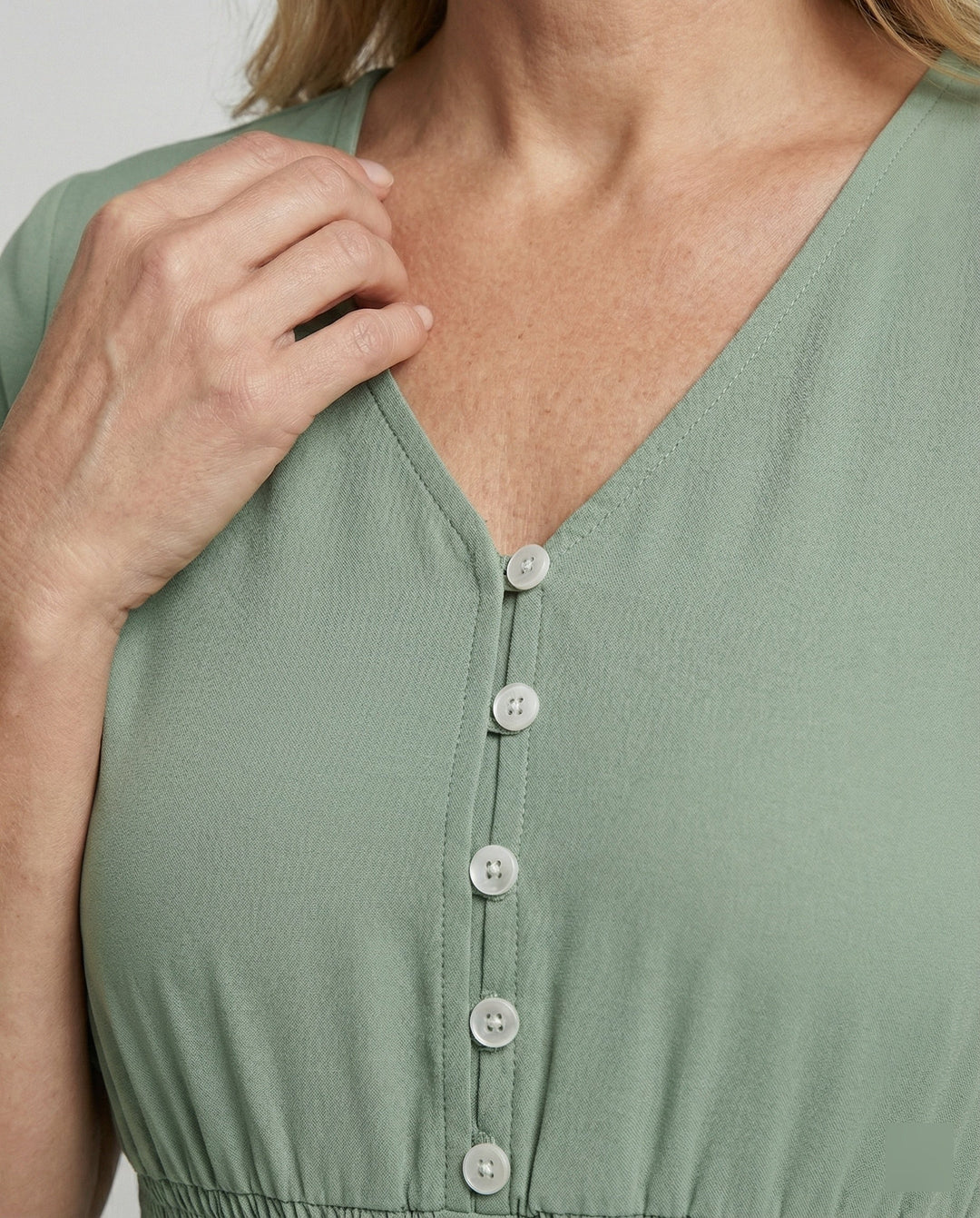 Women's midi dress with V-neck and button placket