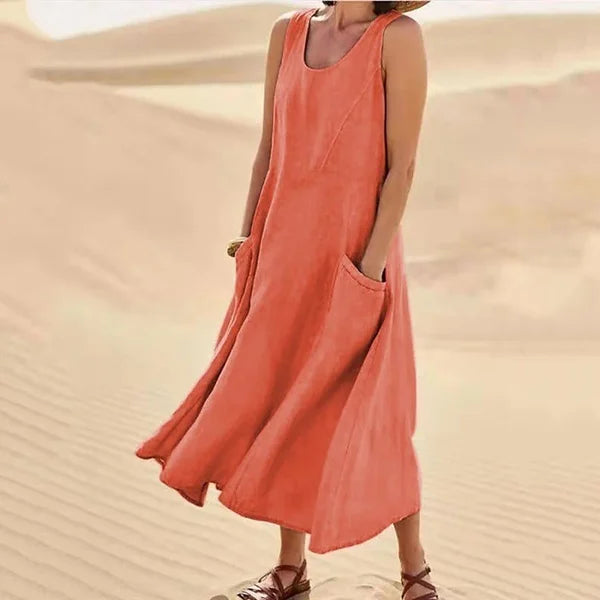 Women's Sleeveless Midi Dress with Scoop Neckline and Side Pockets