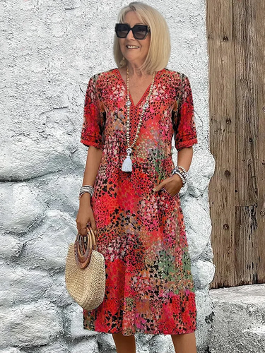 Women's Allover Printed Midi Dress with Side Pockets