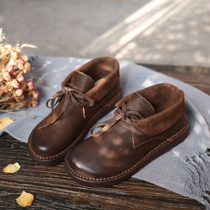 Women's Brown Lace-Up Ankle Boots with Rounded Toe